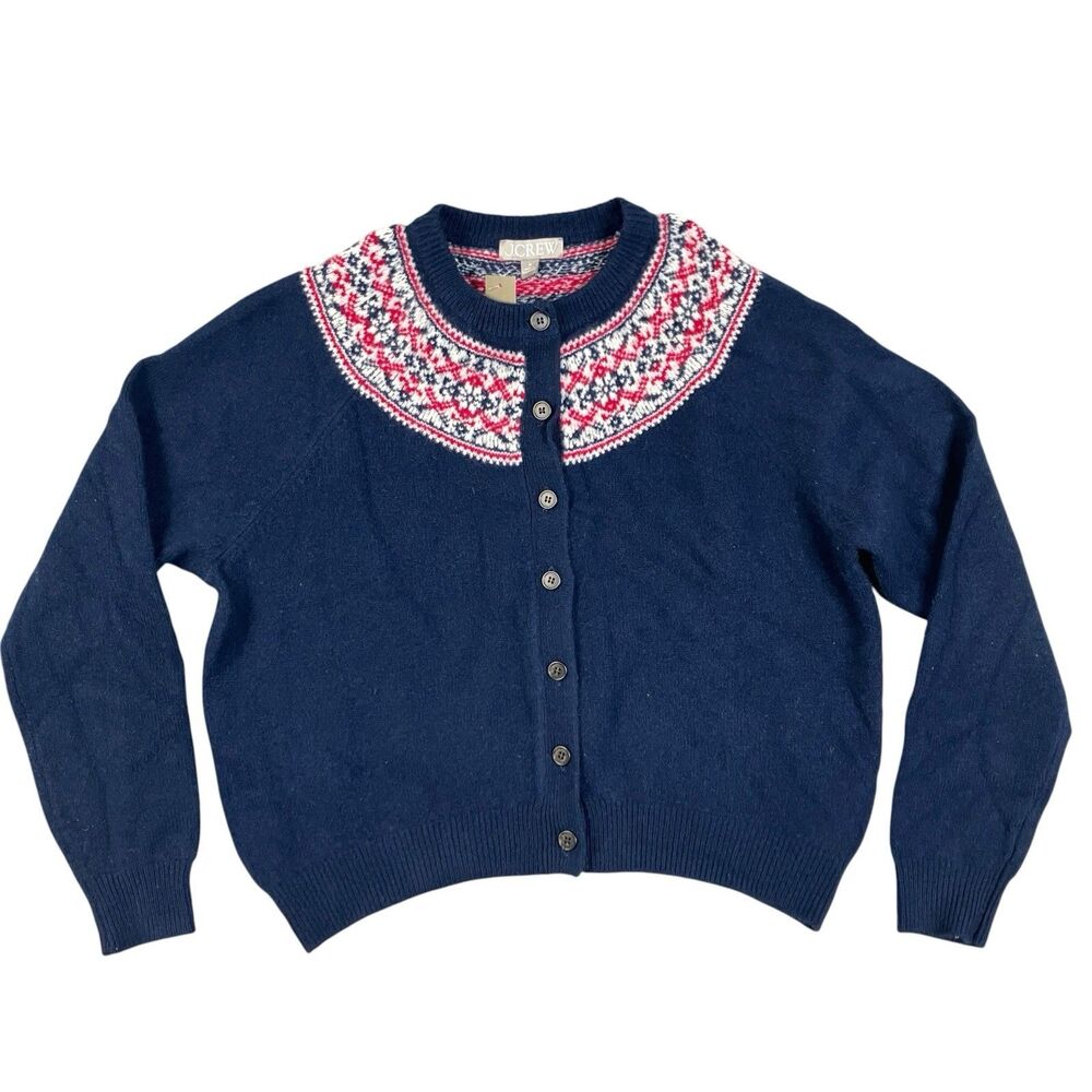 J Crew Lambswool Cardigan Womens S Navy Fair Isle Nordic Holiday Sweater